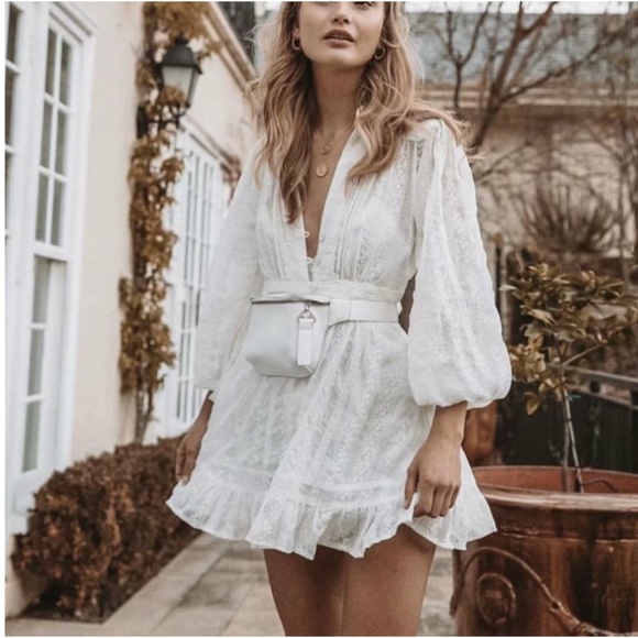 Boho V neck Ruffle Balloon Sleeve Mini Dress White - Picture 2 of 5